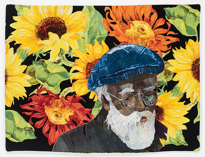 Fabric image with sun flowers and older male by Alice Beasley