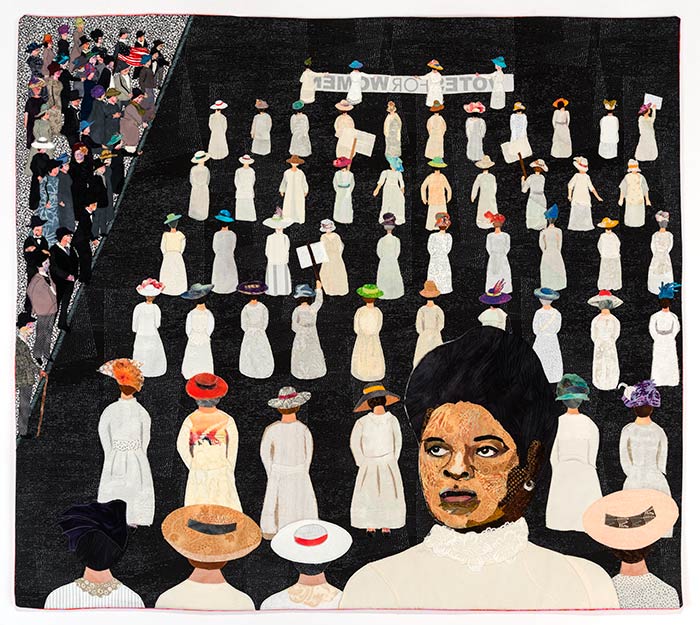 One of two works by fabric artist Alice Beasley capturing events from the life of Ida B Wells